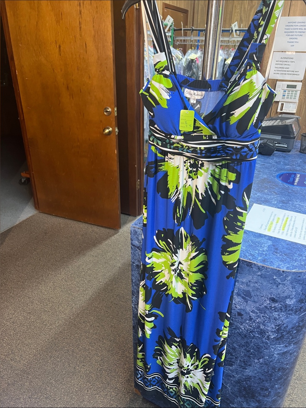 Olivia Matthews Blue Floral Maxi Dress with Lime & Black Accents